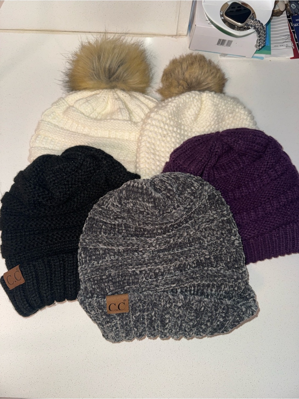 Women’s C.C Pom & Knit Beanie Set - Ivory, Black, Gray, Purple